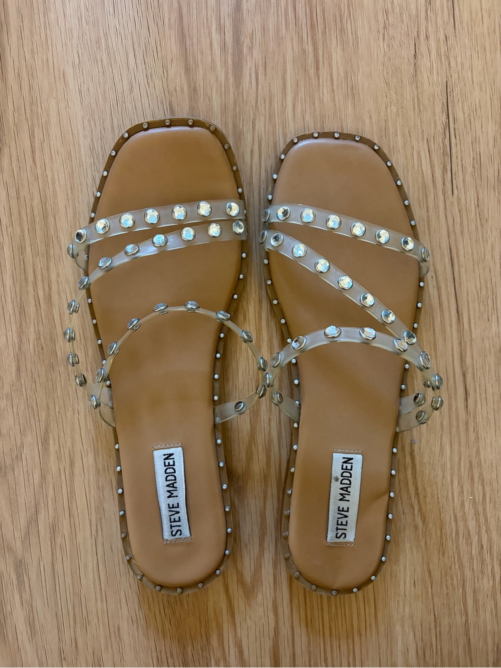 Steve Madden Clear-Strap Slide Sandals with Tan Footbed